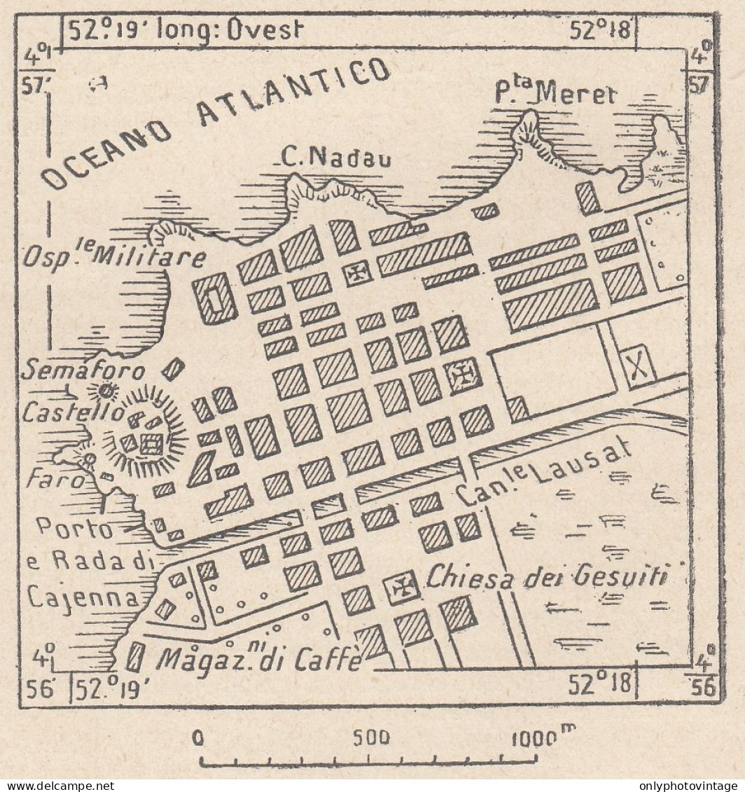 Guyana Francese, Cayenne, 1907 Carta Geografica Epoca, Vintage Map - Landkarten