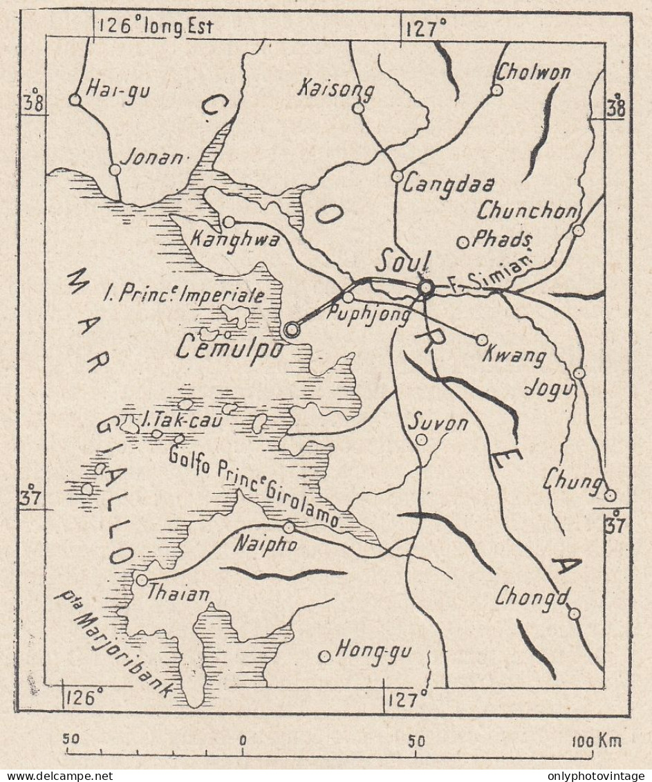 Corea Del Sus, Incheon, Cemulpo, 1907 Carta Geografica Epoca, Vintage Map - Cartes Géographiques