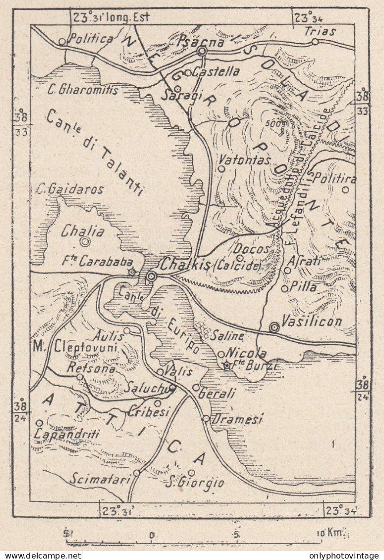 Grecia, Chalkis, Calcide, 1907 Carta Geografica Epoca, Vintage Map - Landkarten