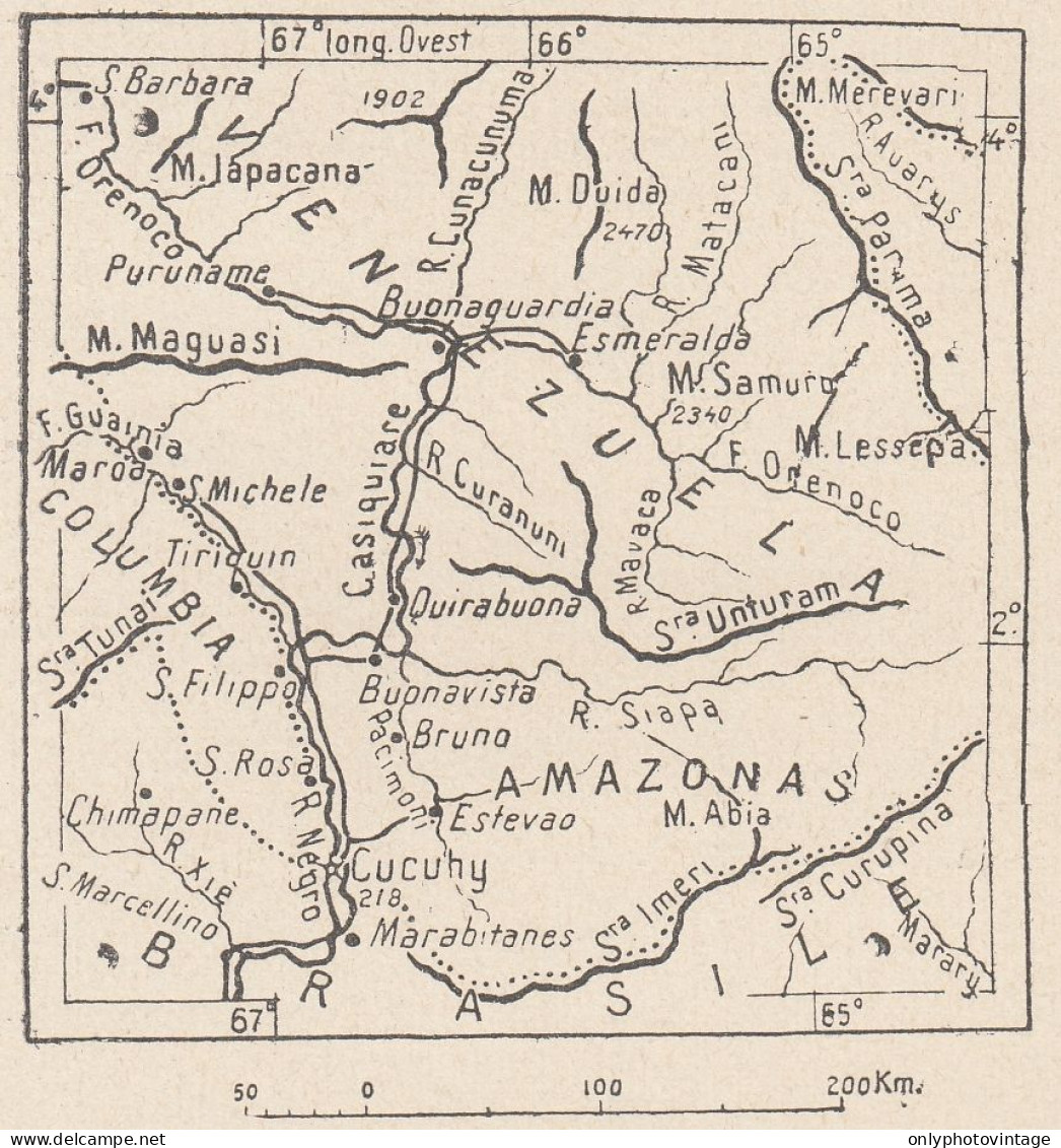 Venezuela, Casiquiare Canal, 1907 Carta Geografica Epoca, Vintage Map - Landkarten