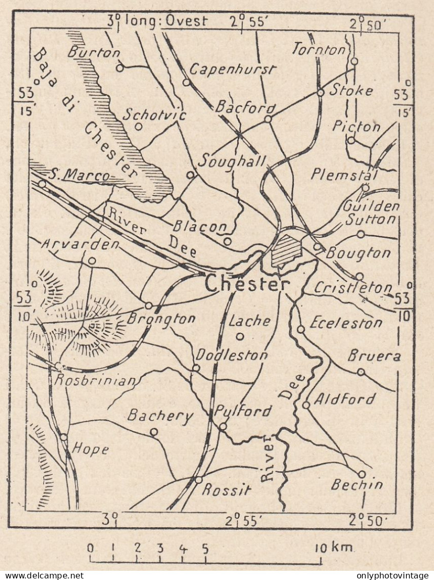 Regno Unito, Chester E Dintorni, 1907 Carta Geografica Epoca, Vintage Map - Cartes Géographiques