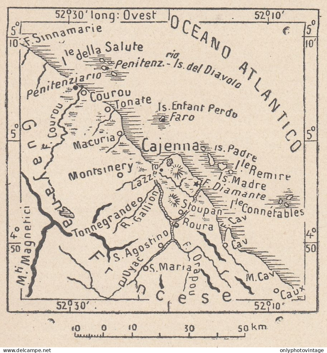 Guyana Francese, Cayenne, 1907 Carta Geografica Epoca, Vintage Map - Mapas Geográficas