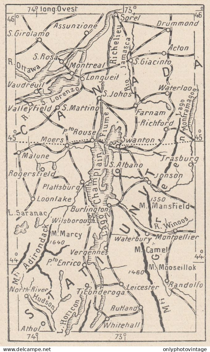 Nord America, Lago Champlain, 1907 Carta Geografica Epoca, Vintage Map - Landkarten