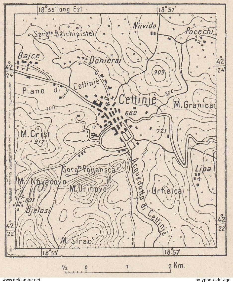 Montenegro, Cettigne E Dintorni, 1907 Carta Geografica Epoca, Vintage Map - Landkarten