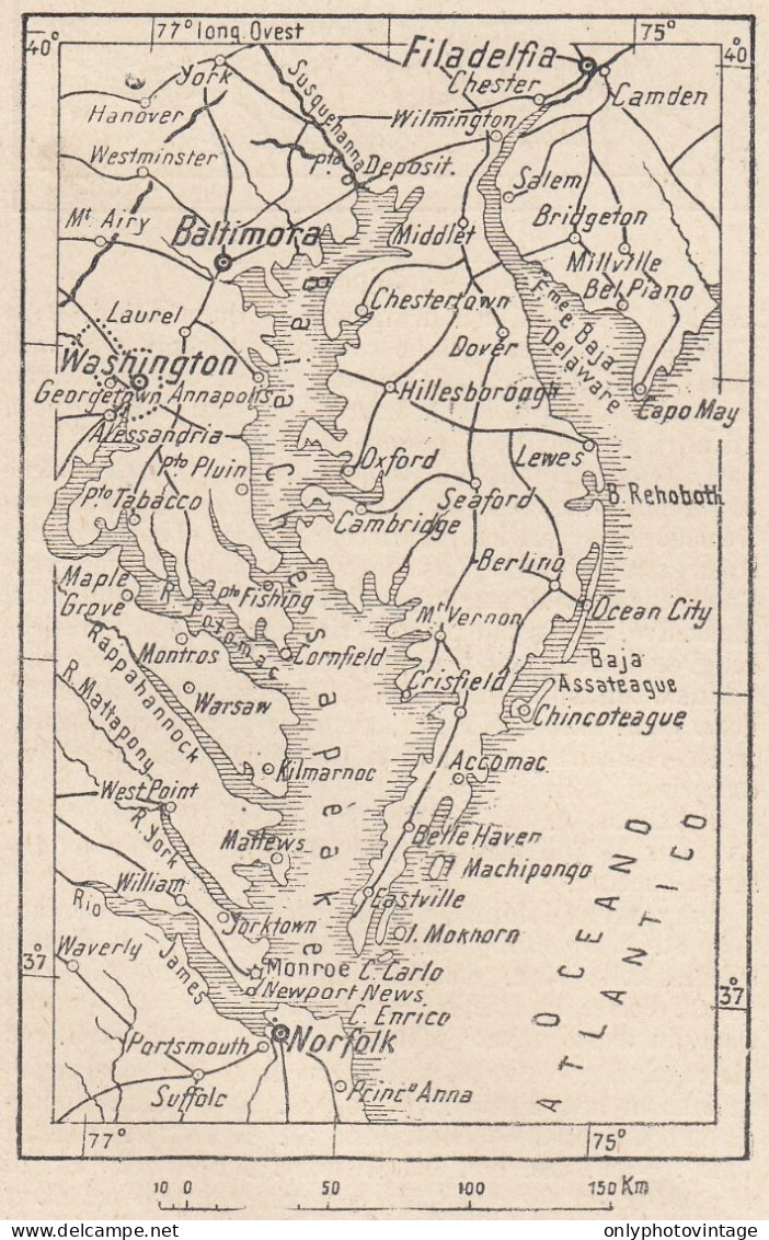 U.S.A. Baia Di Chesapeake, 1907 Carta Geografica Epoca, Vintage Map - Geographische Kaarten