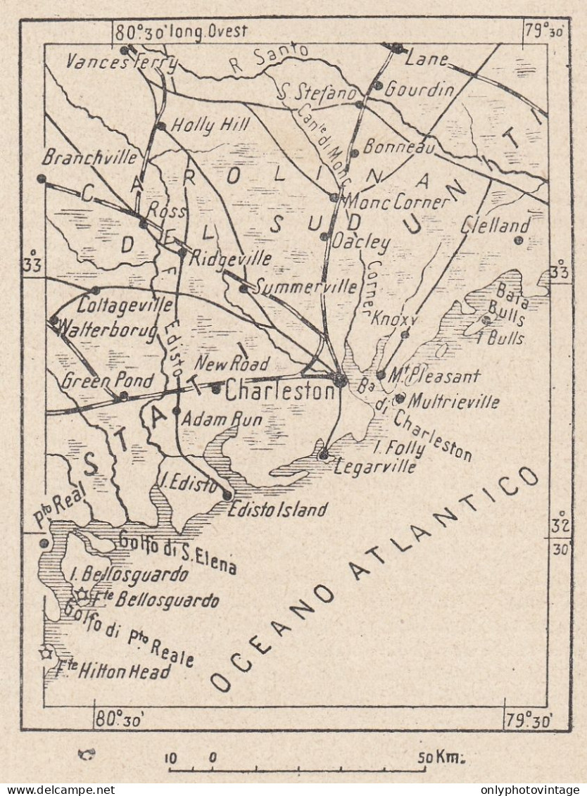 Carolina Del Sud, Charlestron, 1907 Carta Geografica Epoca, Vintage Map - Mapas Geográficas