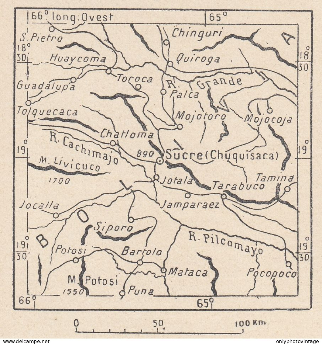 Bolivia, Chuquisaca , 1907 Carta Geografica Epoca, Vintage Map - Cartes Géographiques