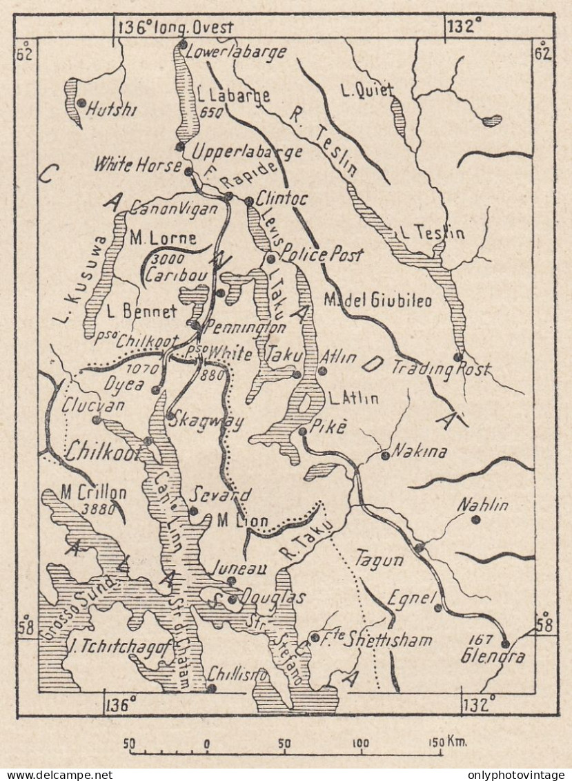 Canada, Chilkoot Pass, 1907 Carta Geografica Epoca, Vintage Map - Geographische Kaarten