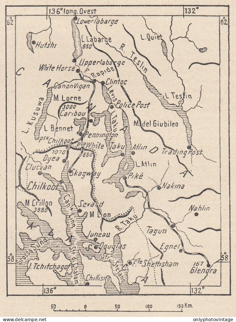 Canada, Chilkoot Pass, 1907 Carta Geografica Epoca, Vintage Map - Landkarten