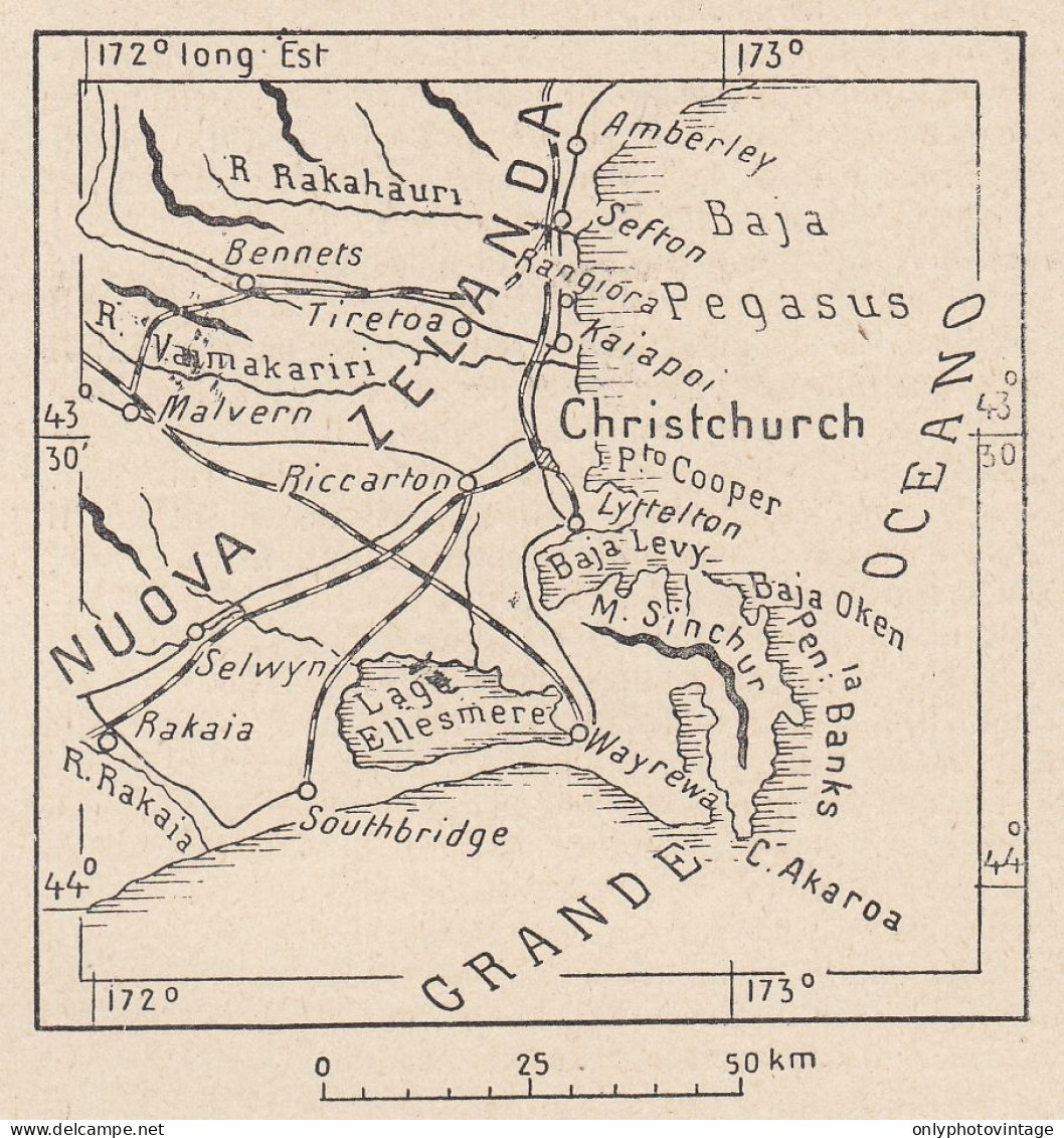 Nuova Zelanda, Christchurch , 1907 Carta Geografica Epoca, Vintage Map - Landkarten