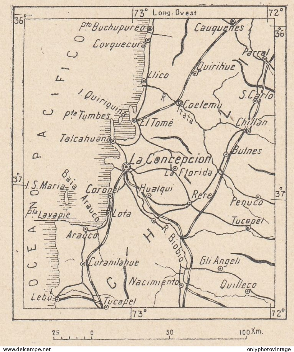 Cile, Conception E Dintorni, 1907 Carta Geografica Epoca, Vintage Map - Landkarten