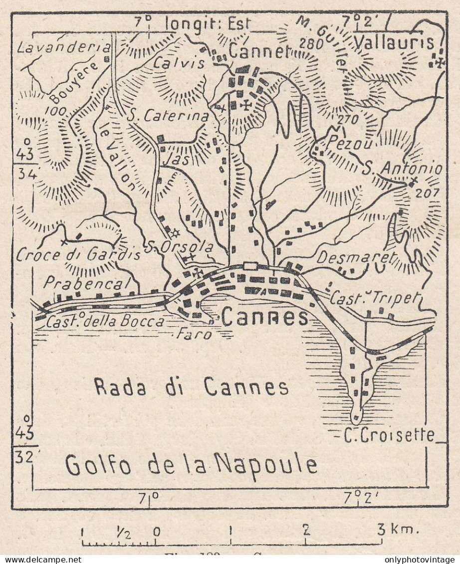 Francia, Cannes E Dintorni, 1907 Carta Geografica Epoca, Vintage Map - Landkarten