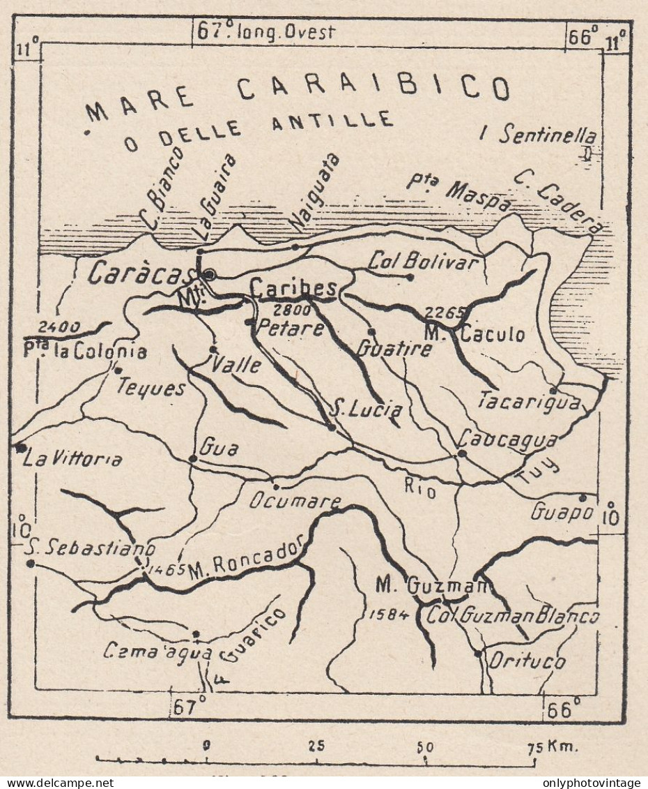 Venezuela, Caracas E Dintorni, 1907 Carta Geografica Epoca, Vintage Map - Cartes Géographiques