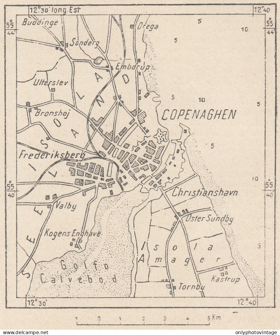 Danimarca, Copenaghen E Dintorni, 1907 Carta Geografica Epoca, Vintage Map - Geographical Maps