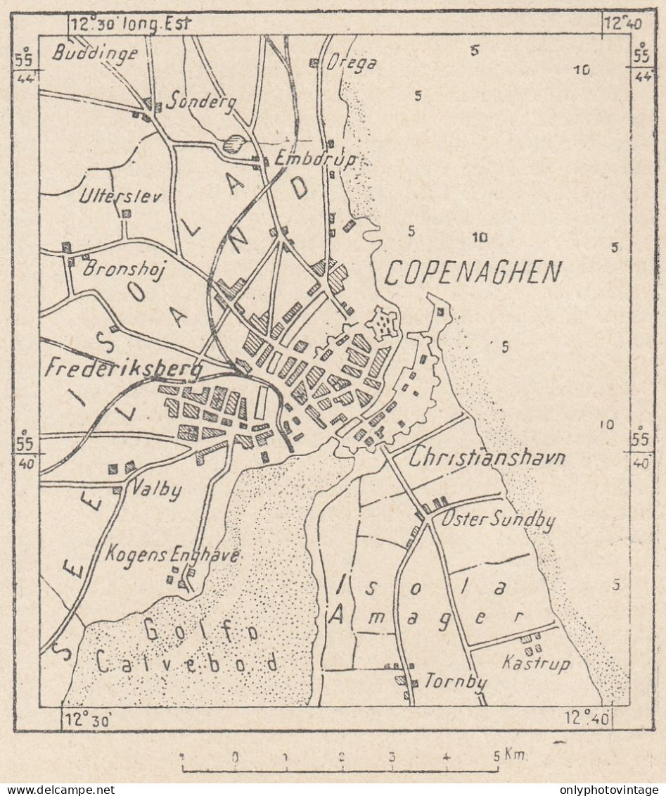 Danimarca, Copenaghen E Dintorni, 1907 Carta Geografica Epoca, Vintage Map - Landkarten