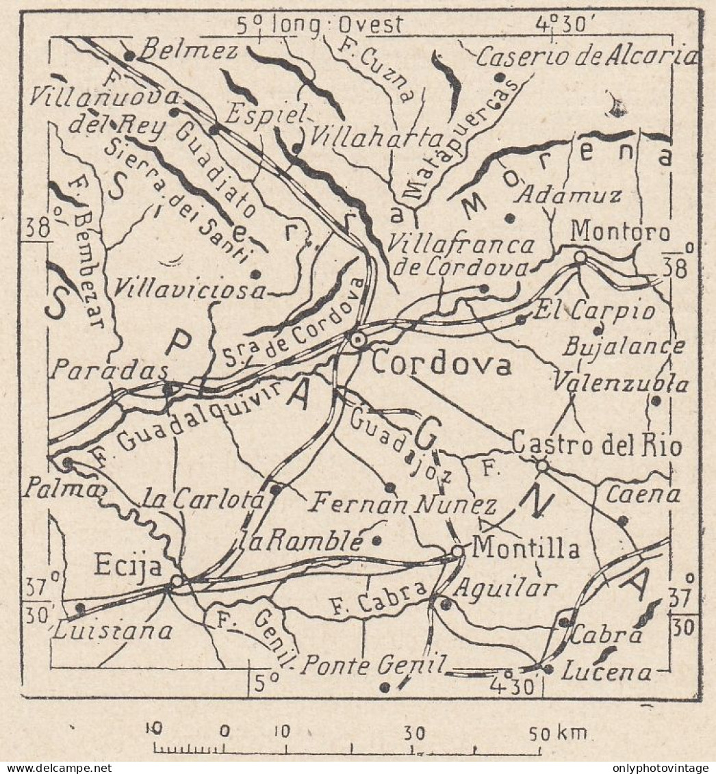 Spagna, Cordova E Dintorni, 1907 Carta Geografica Epoca, Vintage Map - Cartes Géographiques