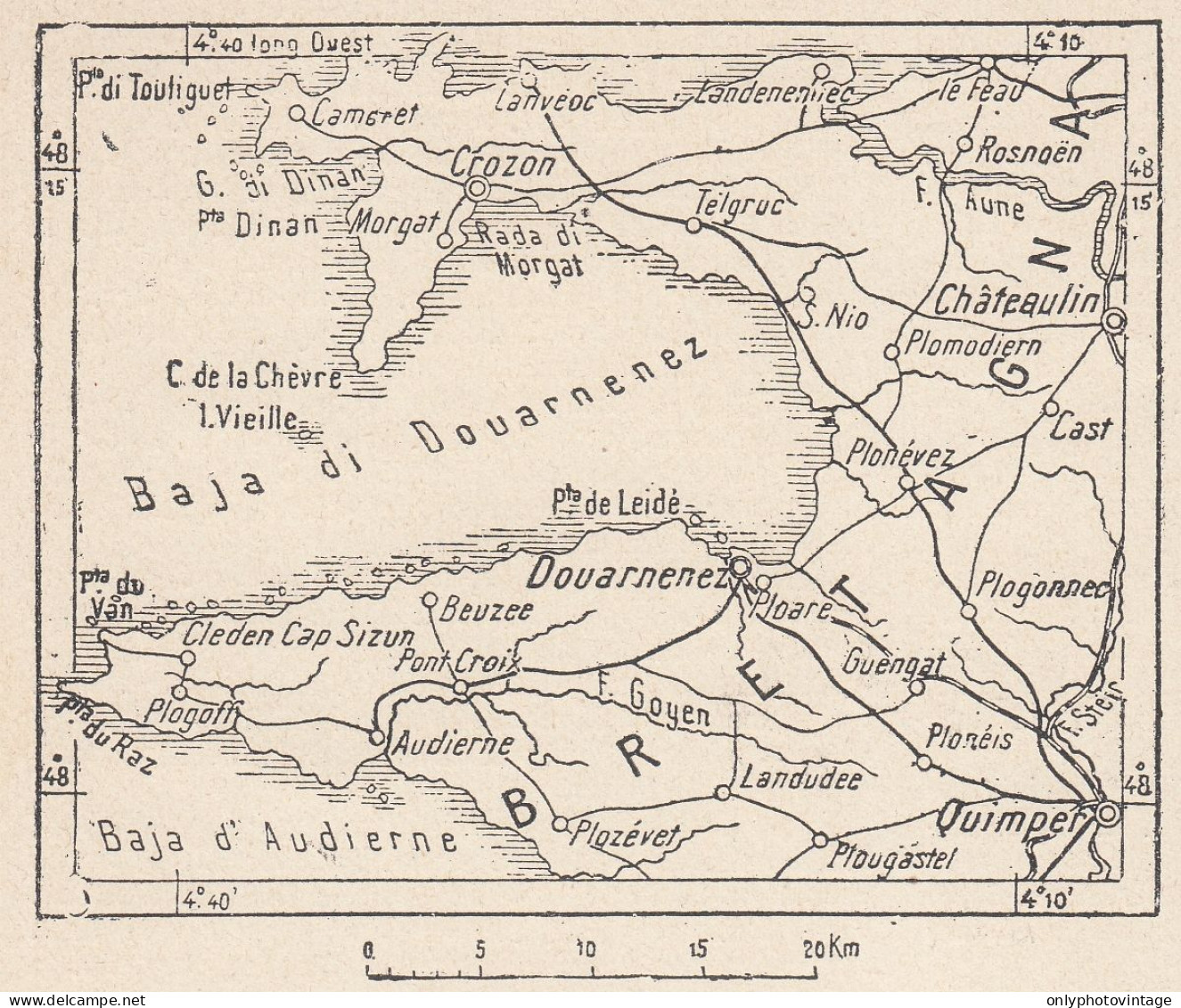 Francia, Douarnenez E Dintorni, 1907 Carta Geografica Epoca, Vintage Map - Cartes Géographiques