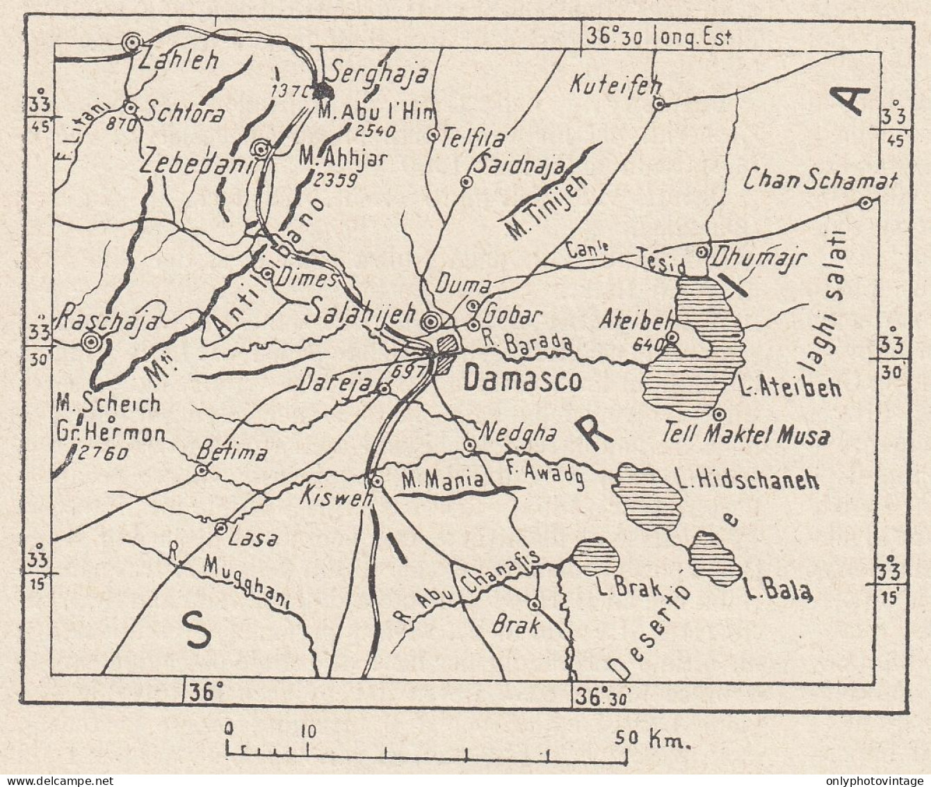 Siria, Damasco E Dintorni, 1907 Carta Geografica Epoca, Vintage Map - Geographical Maps