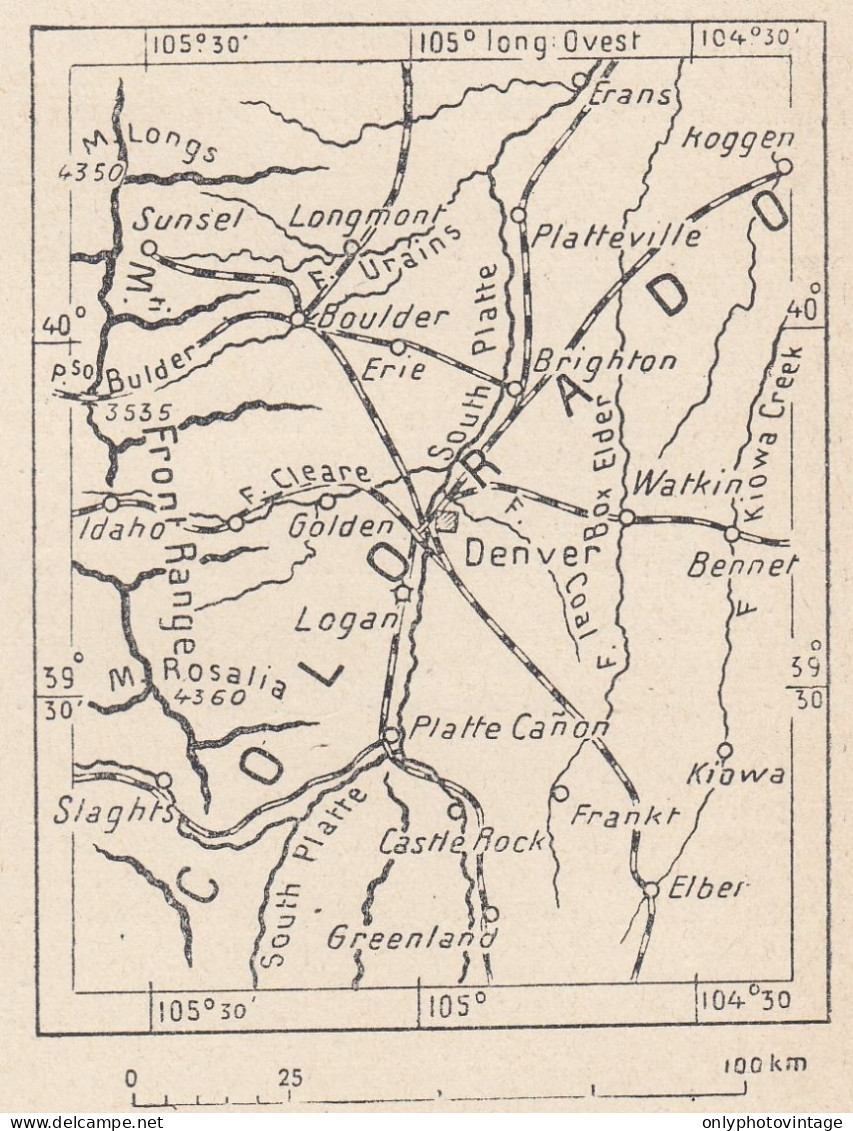 Colorado, Denver E Dintorni, 1907 Carta Geografica Epoca, Vintage Map - Landkarten