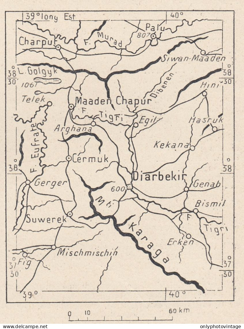 Turchia, Diyarbakır E Dintorni, 1907 Carta Geografica Epoca, Vintage Map - Cartes Géographiques