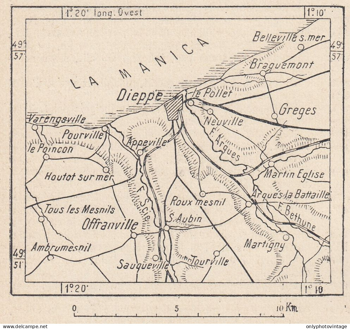 Francia, Dieppe E Dintorni, 1907 Carta Geografica Epoca, Vintage Map - Cartes Géographiques