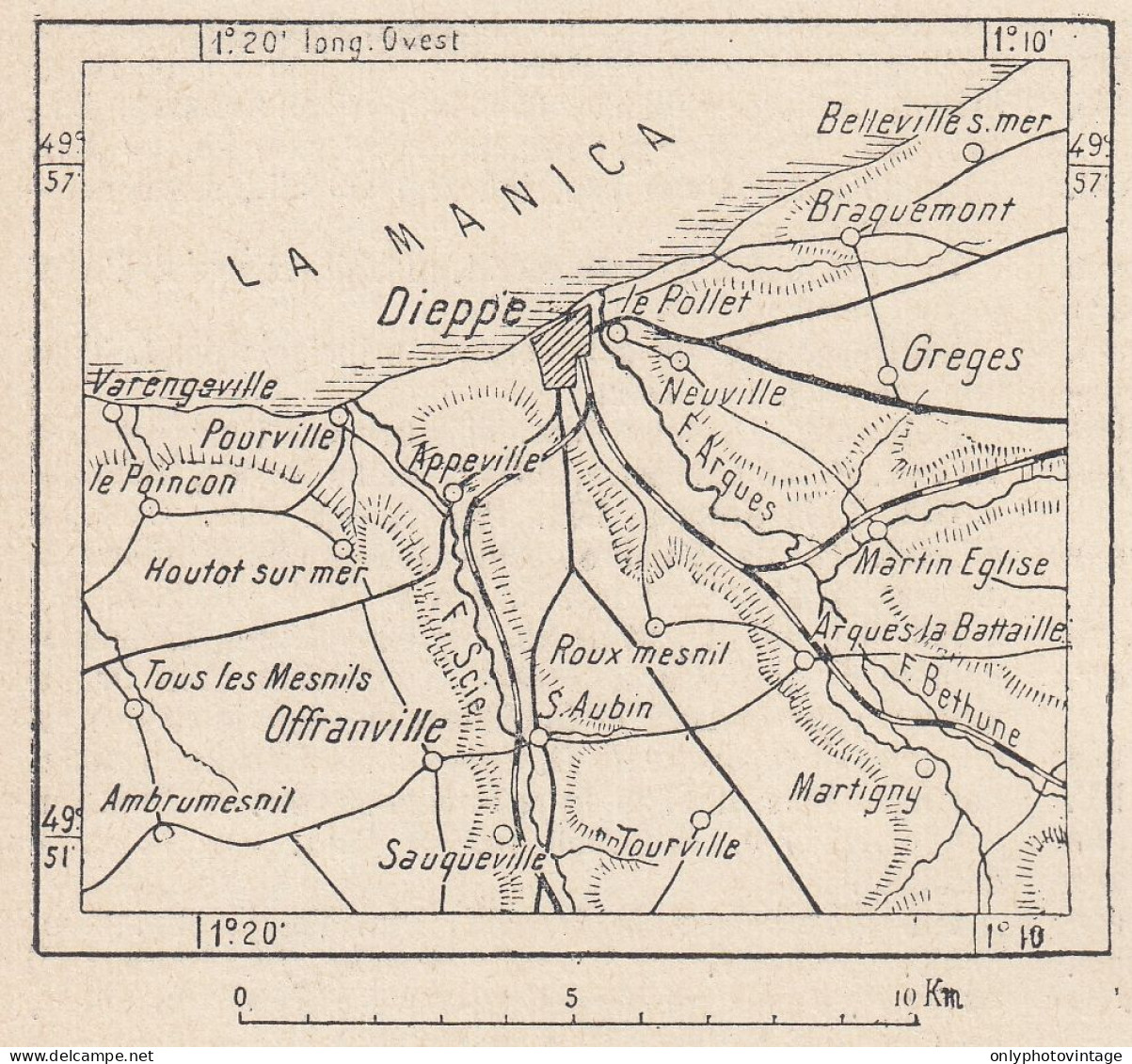 Francia, Dieppe E Dintorni, 1907 Carta Geografica Epoca, Vintage Map - Landkarten