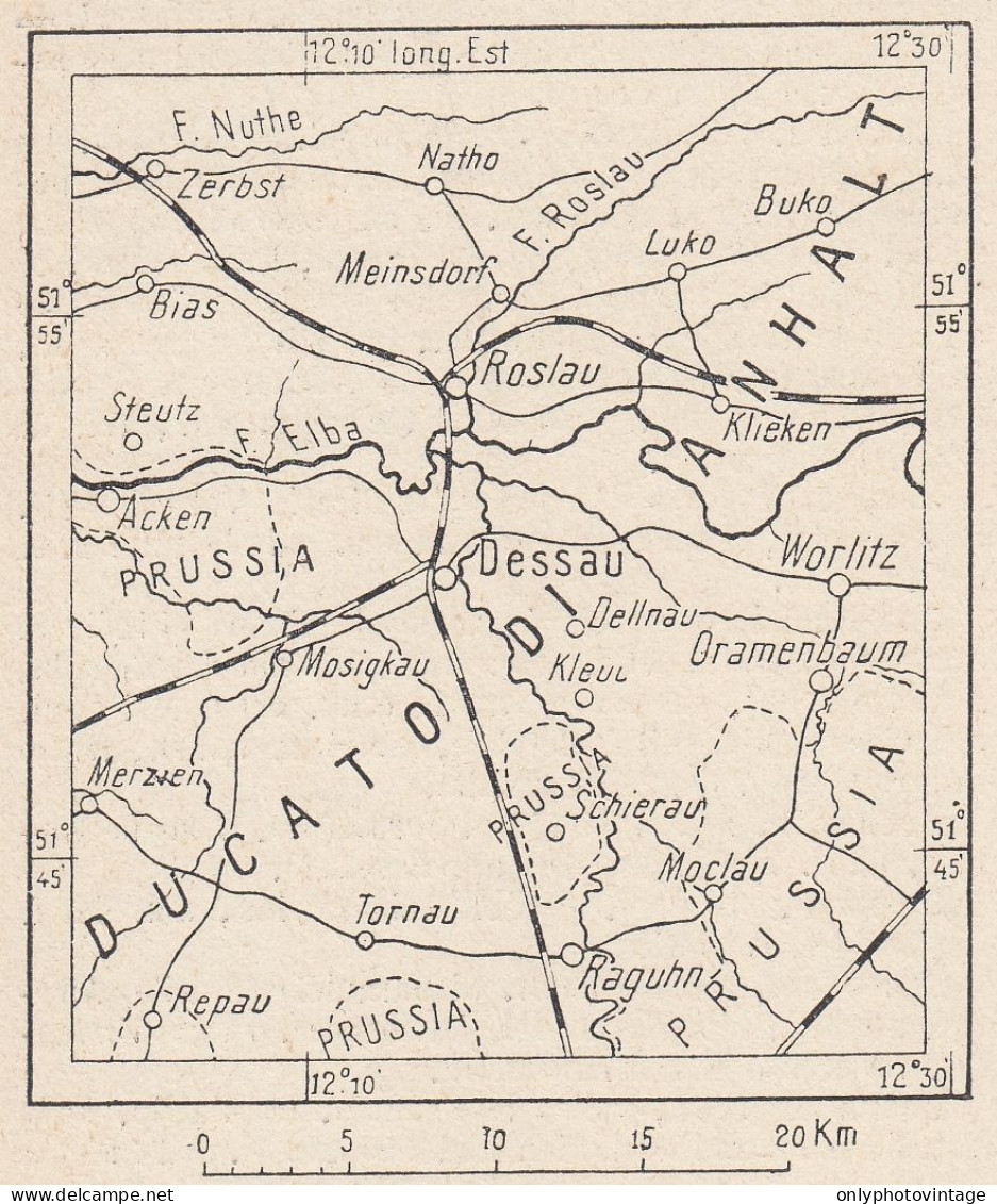 Germania, Dessau E Dintorni, 1907 Carta Geografica Epoca, Vintage Map - Landkarten