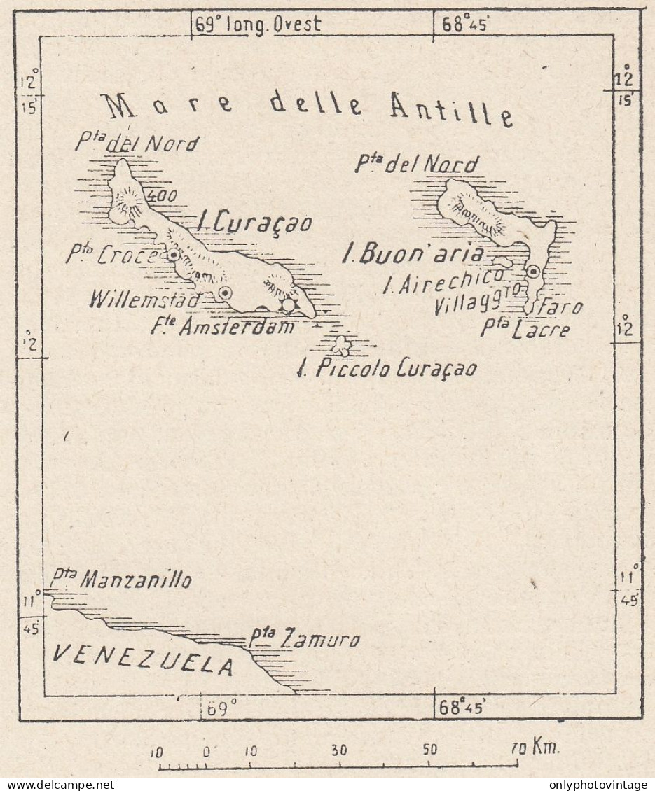 Curaçao, 1907 Carta Geografica Epoca, Vintage Map - Landkarten