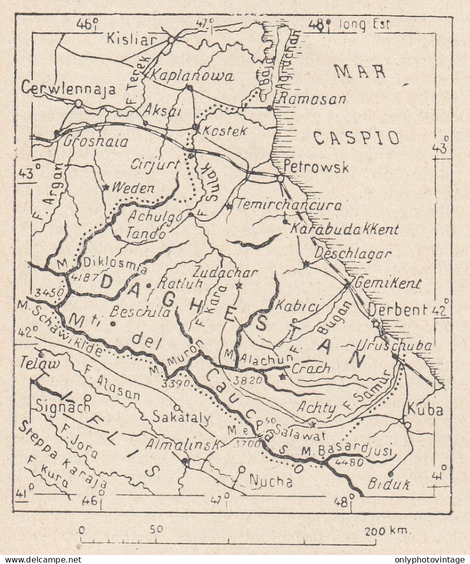 Russia, Daghestan, 1907 Carta Geografica Epoca, Vintage Map - Mapas Geográficas