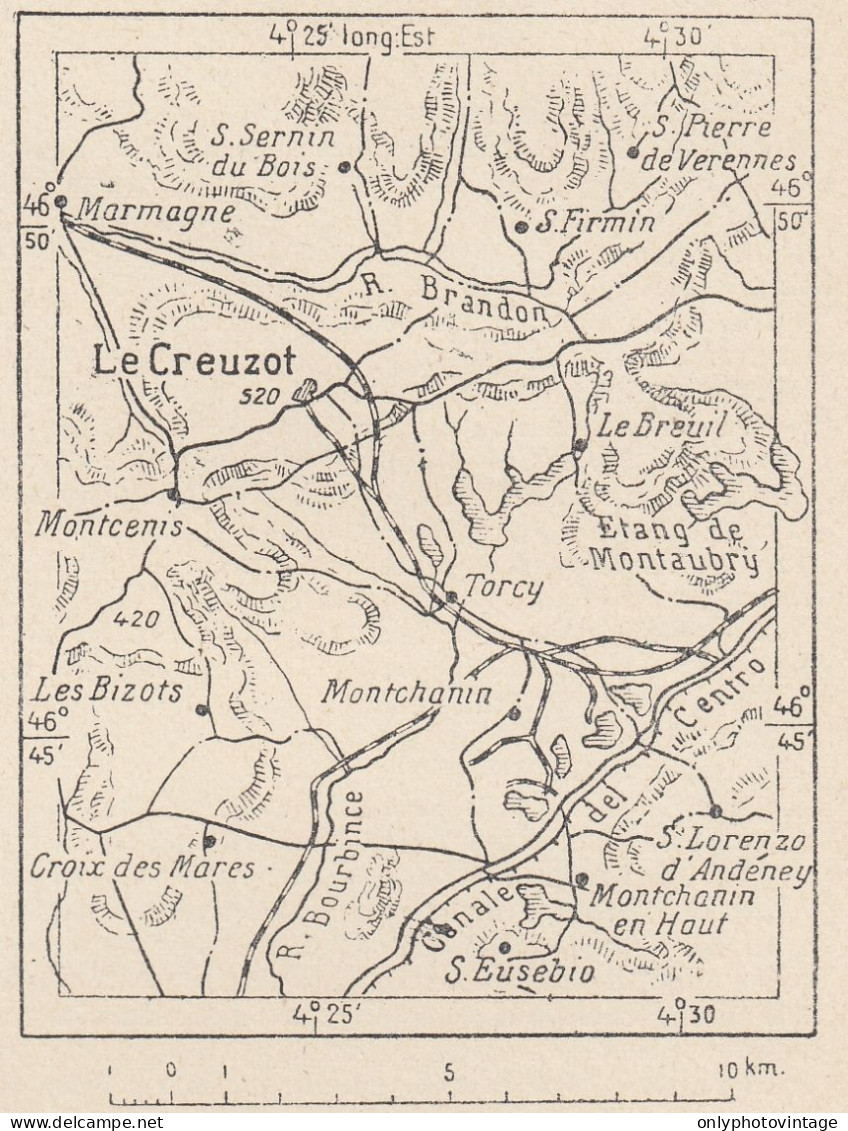 Francia, Le Creusot E Dintorni, 1907 Carta Geografica Epoca, Vintage Map - Geographische Kaarten