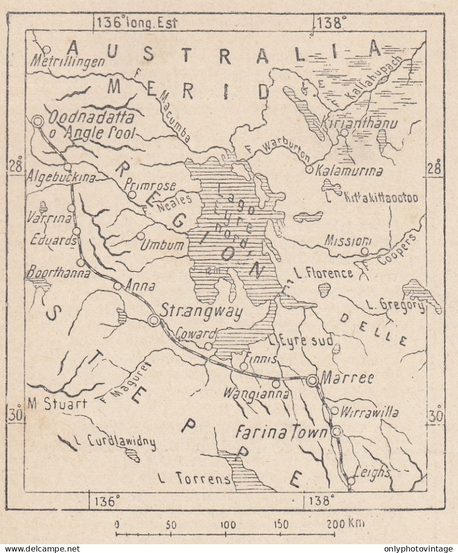 Australia, Lago Di Eyre, 1907 Carta Geografica Epoca, Vintage Map - Landkarten