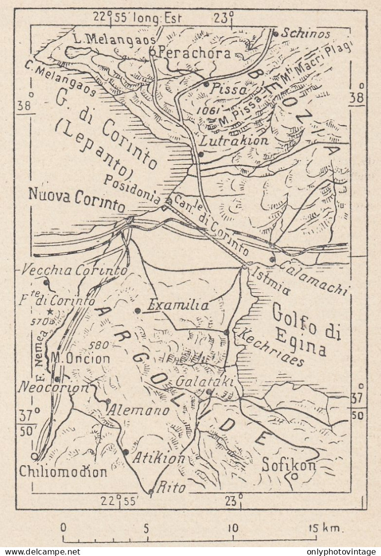 Gracia, Corinto, 1907 Carta Geografica Epoca, Vintage Map - Landkarten