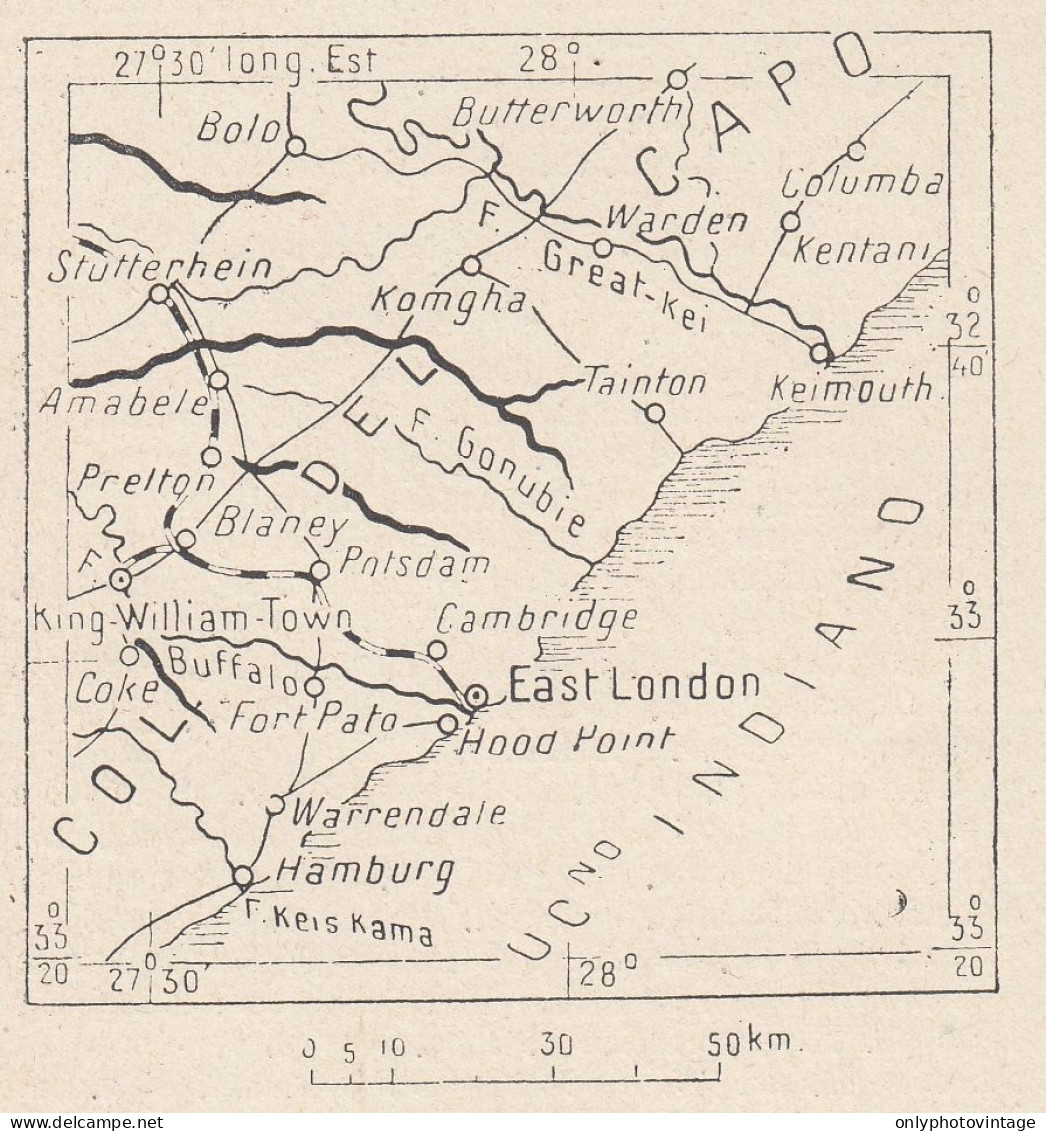 Sudafrica, East London, 1907 Carta Geografica Epoca, Vintage Map - Landkarten