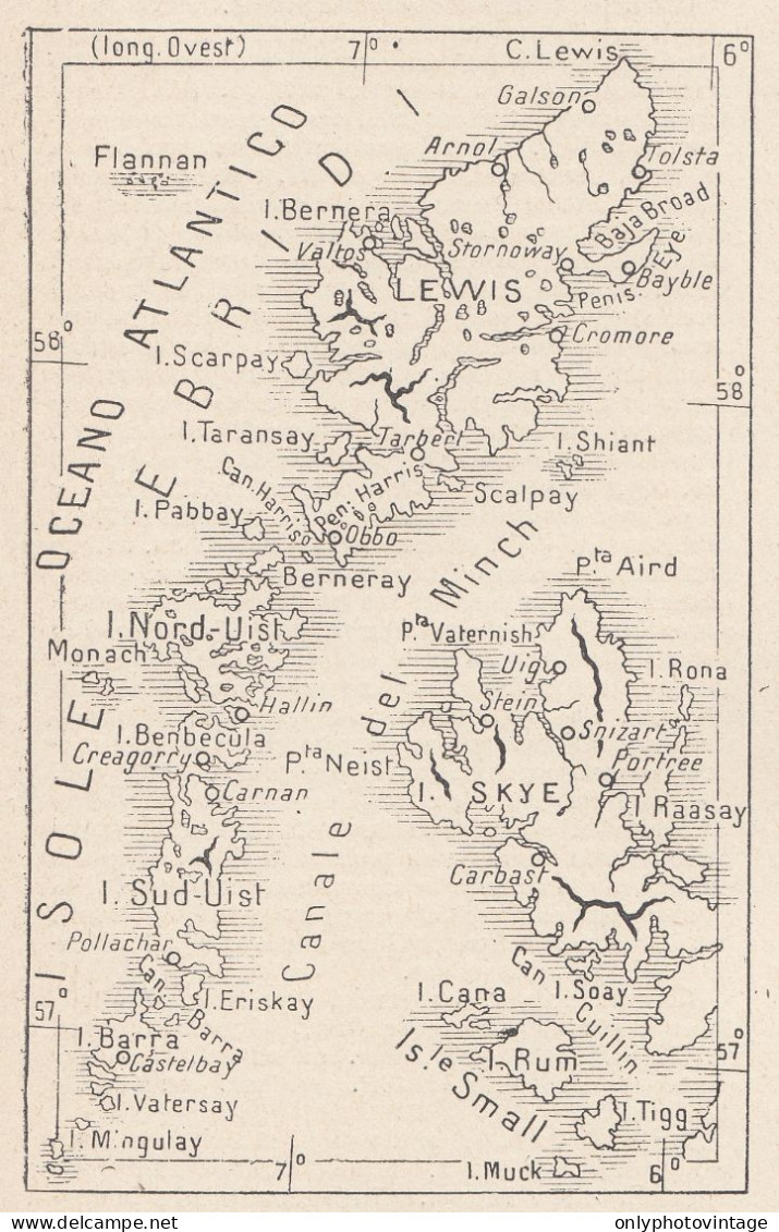 Scozia, Isole Ebridi, 1907 Carta Geografica Epoca, Vintage Map - Geographische Kaarten