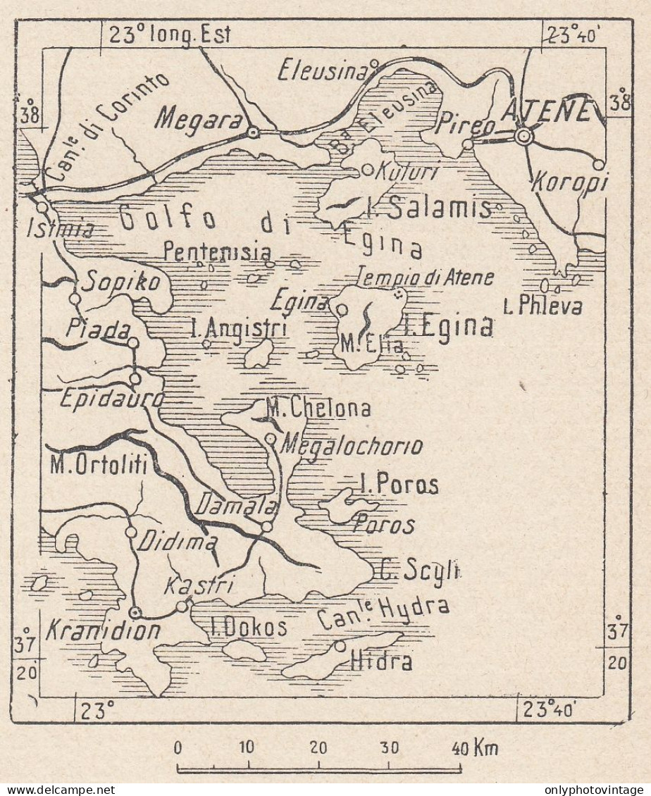 Grecia, Isola Egina, 1907 Carta Geografica Epoca, Vintage Map - Mapas Geográficas