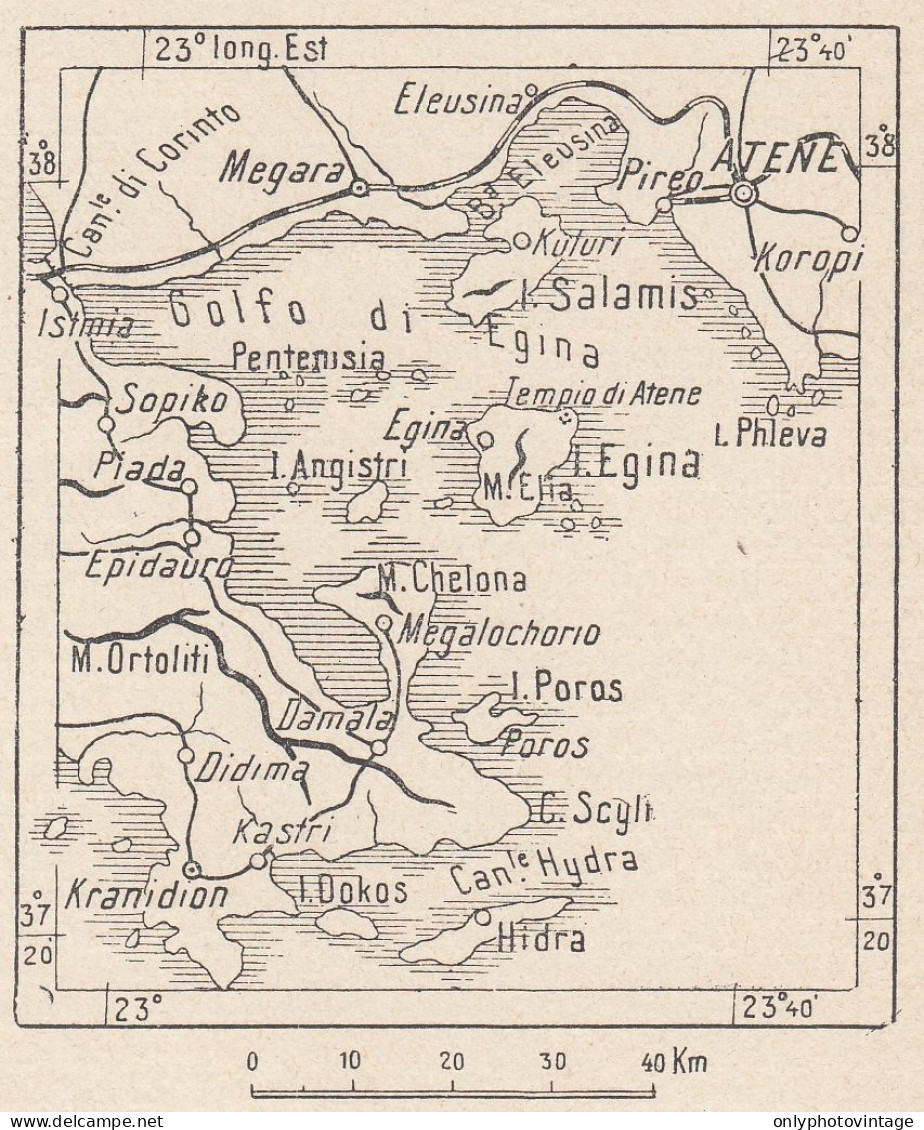 Grecia, Isola Egina, 1907 Carta Geografica Epoca, Vintage Map - Landkarten