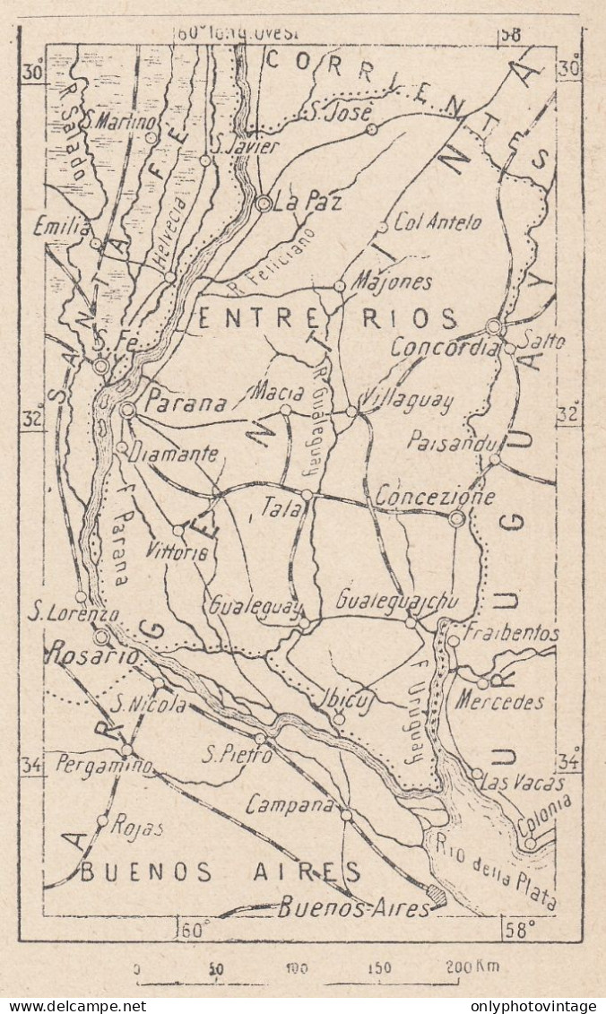 Argentina, Entre Rios, 1907 Carta Geografica Epoca, Vintage Map - Landkarten