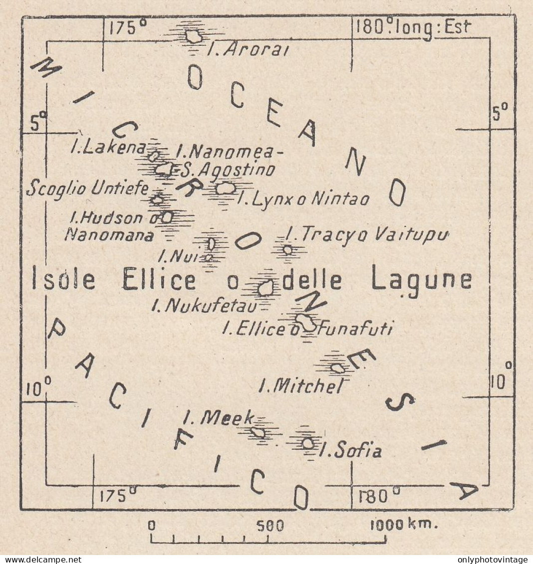 Oceania, Isole Ellice, 1907 Carta Geografica Epoca, Vintage Map - Landkarten