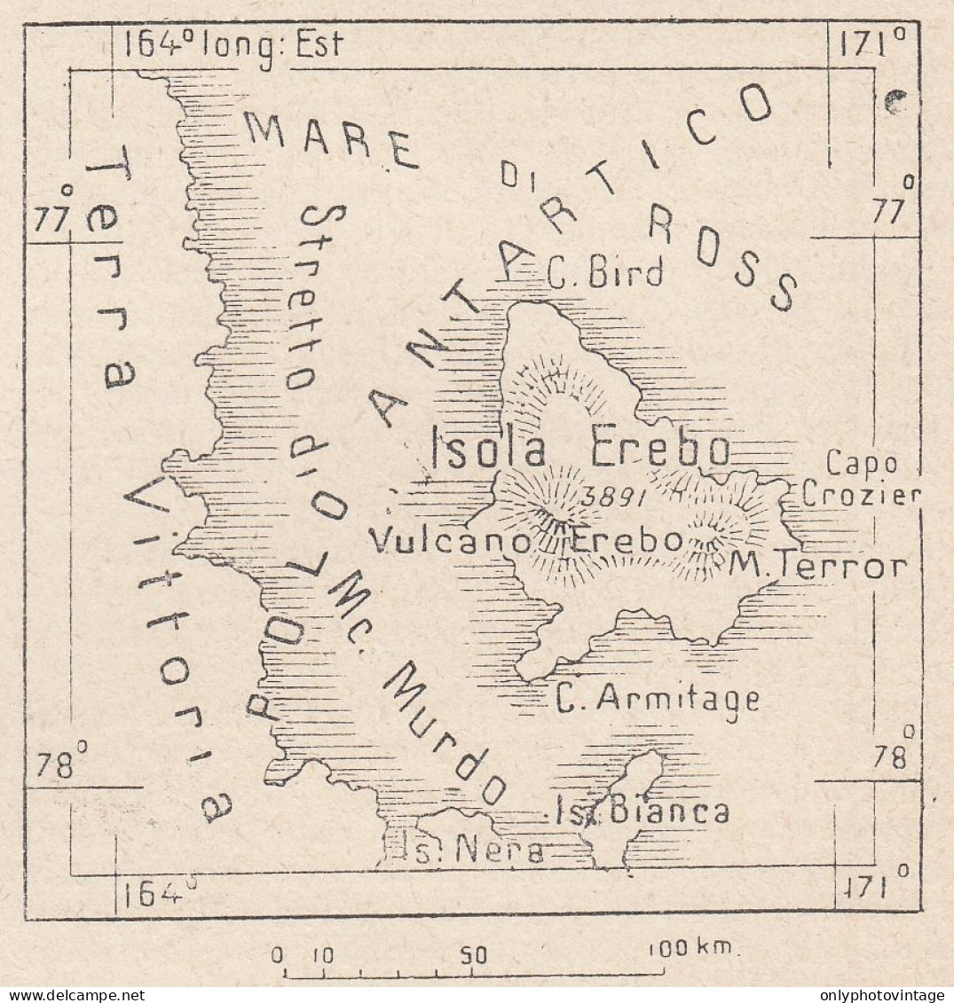 Polo Antartico, Erebus E Terror, 1907 Carta Geografica Epoca, Vintage Map - Geographische Kaarten