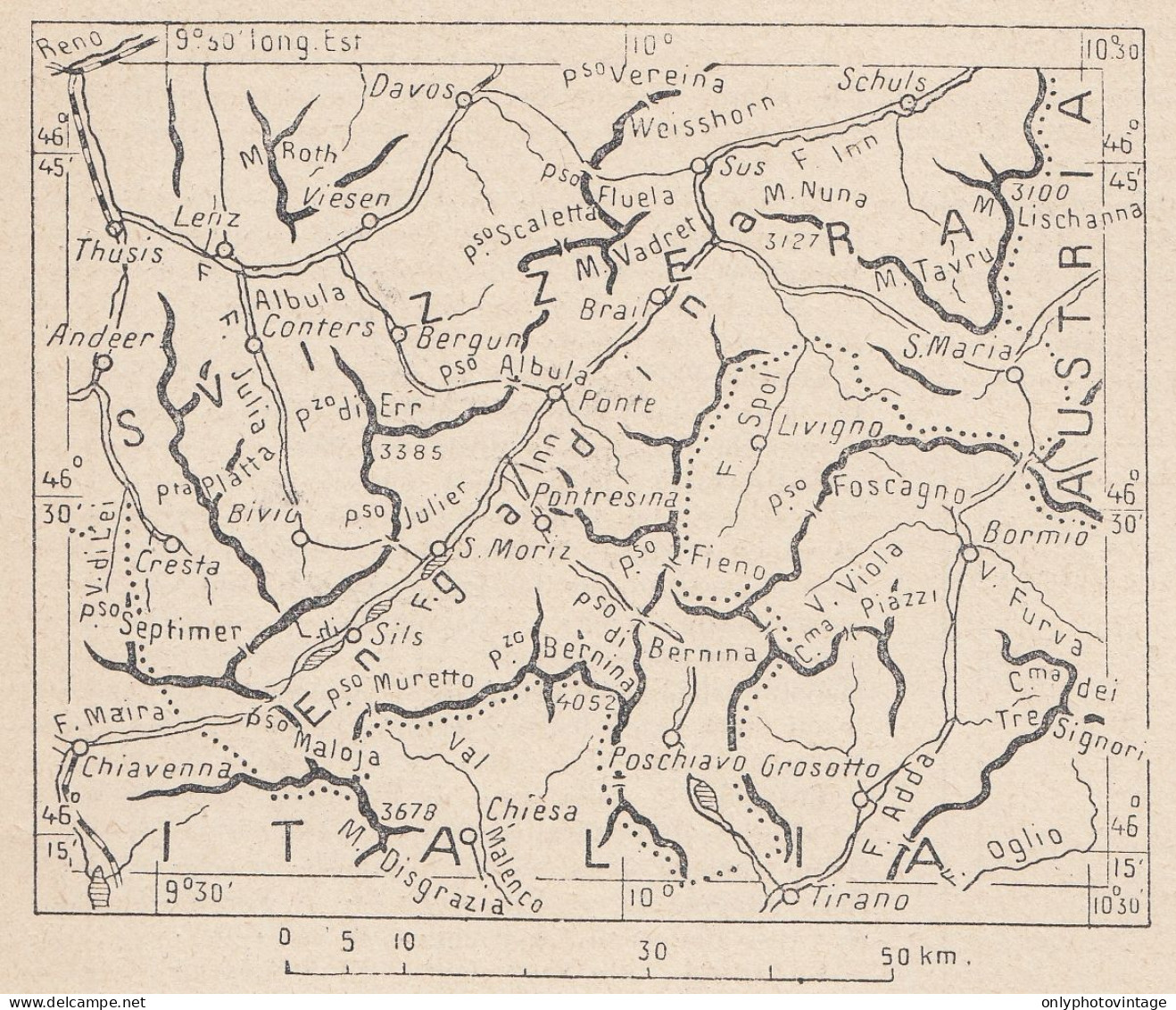 Svizzera, Engadina, 1907 Carta Geografica Epoca, Vintage Map - Landkarten