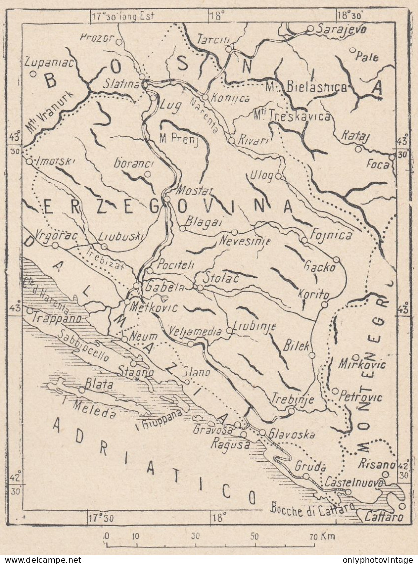 Erzegovina E Territorio, 1907 Carta Geografica Epoca, Vintage Map - Cartes Géographiques