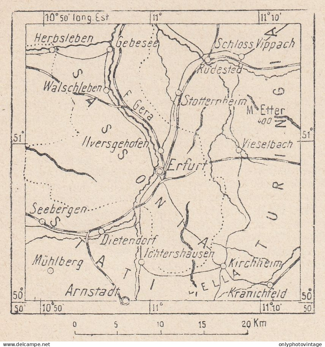 Germania, Erfurt E Dintorni, 1907 Carta Geografica Epoca, Vintage Map - Landkarten