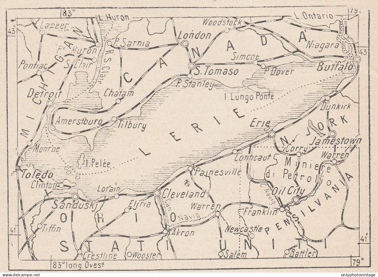 America Del Nord, Lago Erie, 1907 Carta Geografica Epoca, Vintage Map - Landkarten