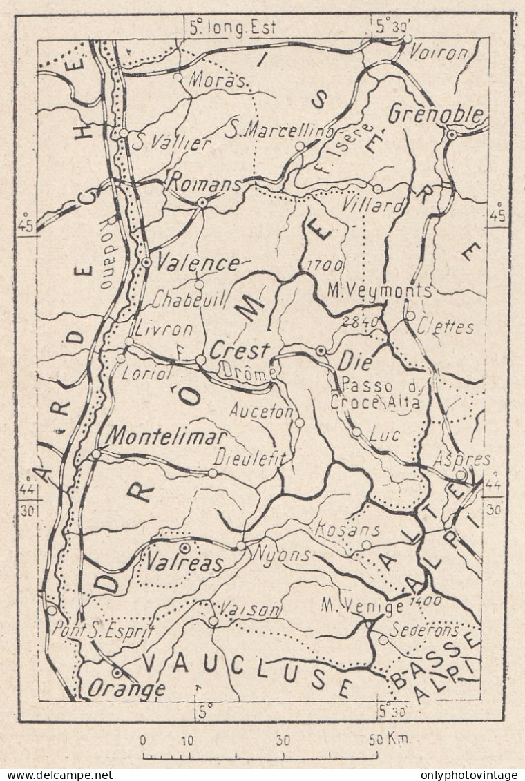 Francia, Drôme E Territorio, 1907 Carta Geografica Epoca, Vintage Map - Mapas Geográficas