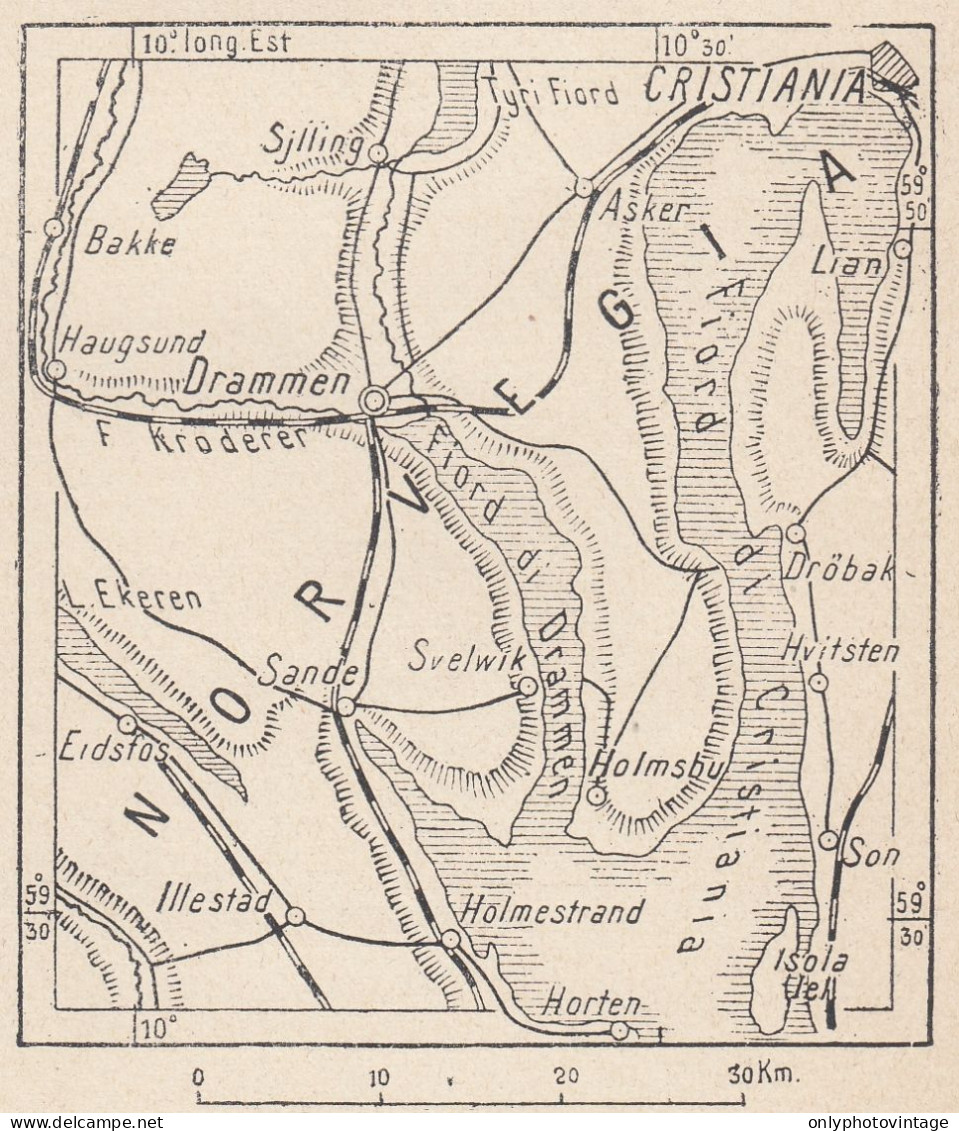 Norvegia, Drammen E Dintorni, 1907 Carta Geografica Epoca, Vintage Map - Mapas Geográficas