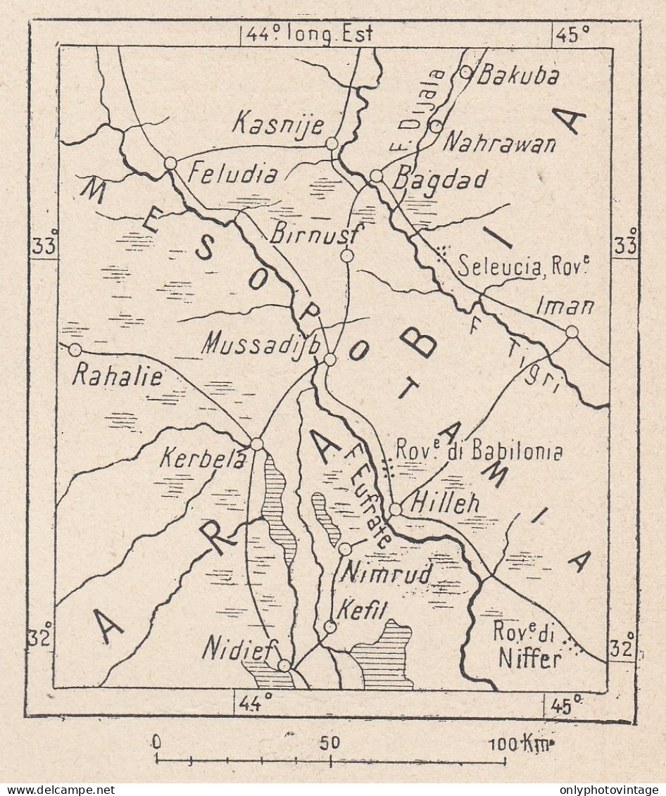 Mesopotamia, Eufrate, 1907 Carta Geografica Epoca, Vintage Map - Mapas Geográficas