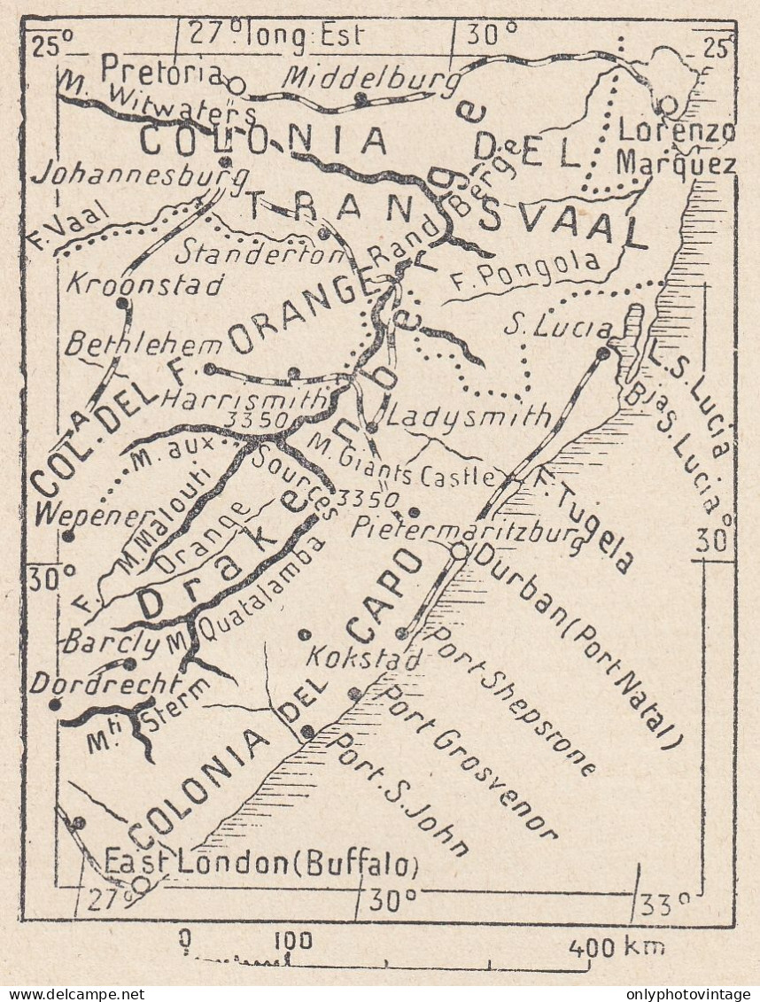 Sudafrica, Drakensberg, 1907 Carta Geografica Epoca, Vintage Map - Cartes Géographiques