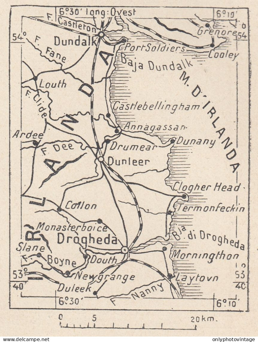 Irlanda, Drogheda E Territorio, 1907 Carta Geografica Epoca, Vintage Map - Geographische Kaarten