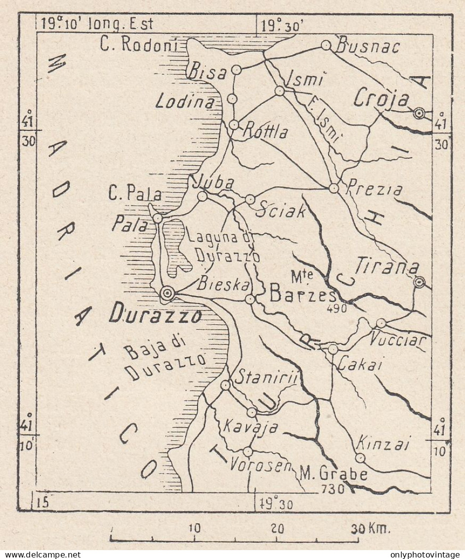 Albania, Durazzo E Territorio, 1907 Carta Geografica Epoca, Vintage Map - Geographical Maps