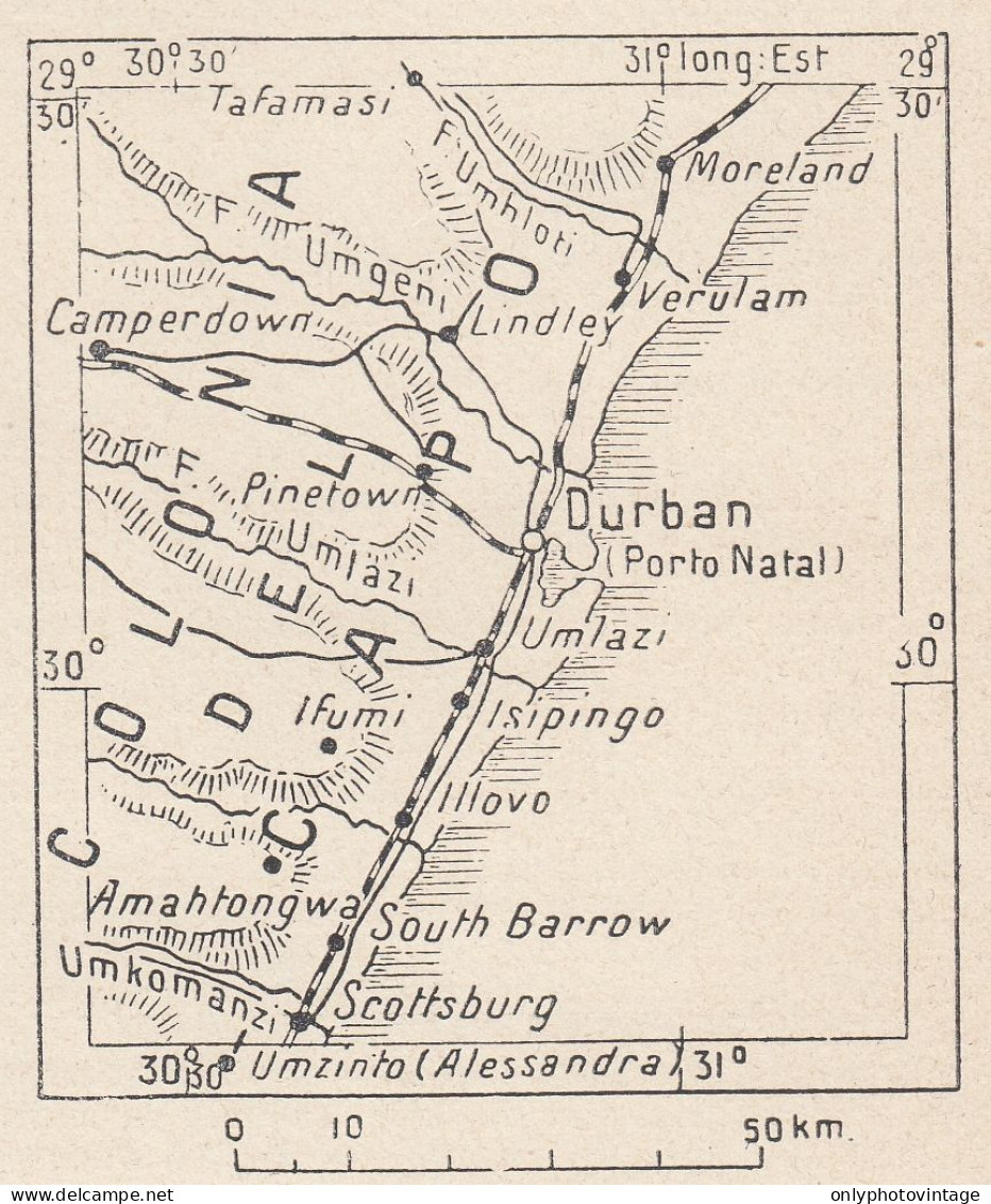 Sudafrica, Durban E Dintorni, 1907 Carta Geografica Epoca, Vintage Map - Mapas Geográficas